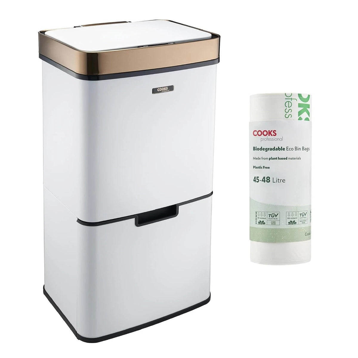 75l Sensor Recycling Bin With Food Caddy & 25 Bin Biodegradable Bags | 75L | White & Copper