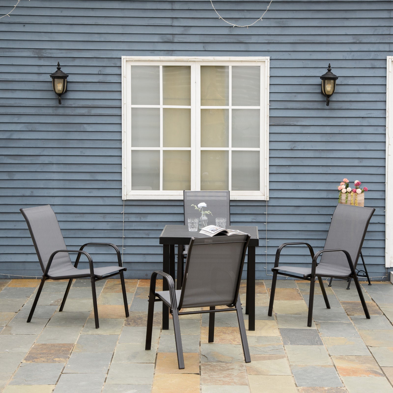 Set Of 4 Garden Dining Chair Set Outdoor W/ Back Armrest | Dark Gray