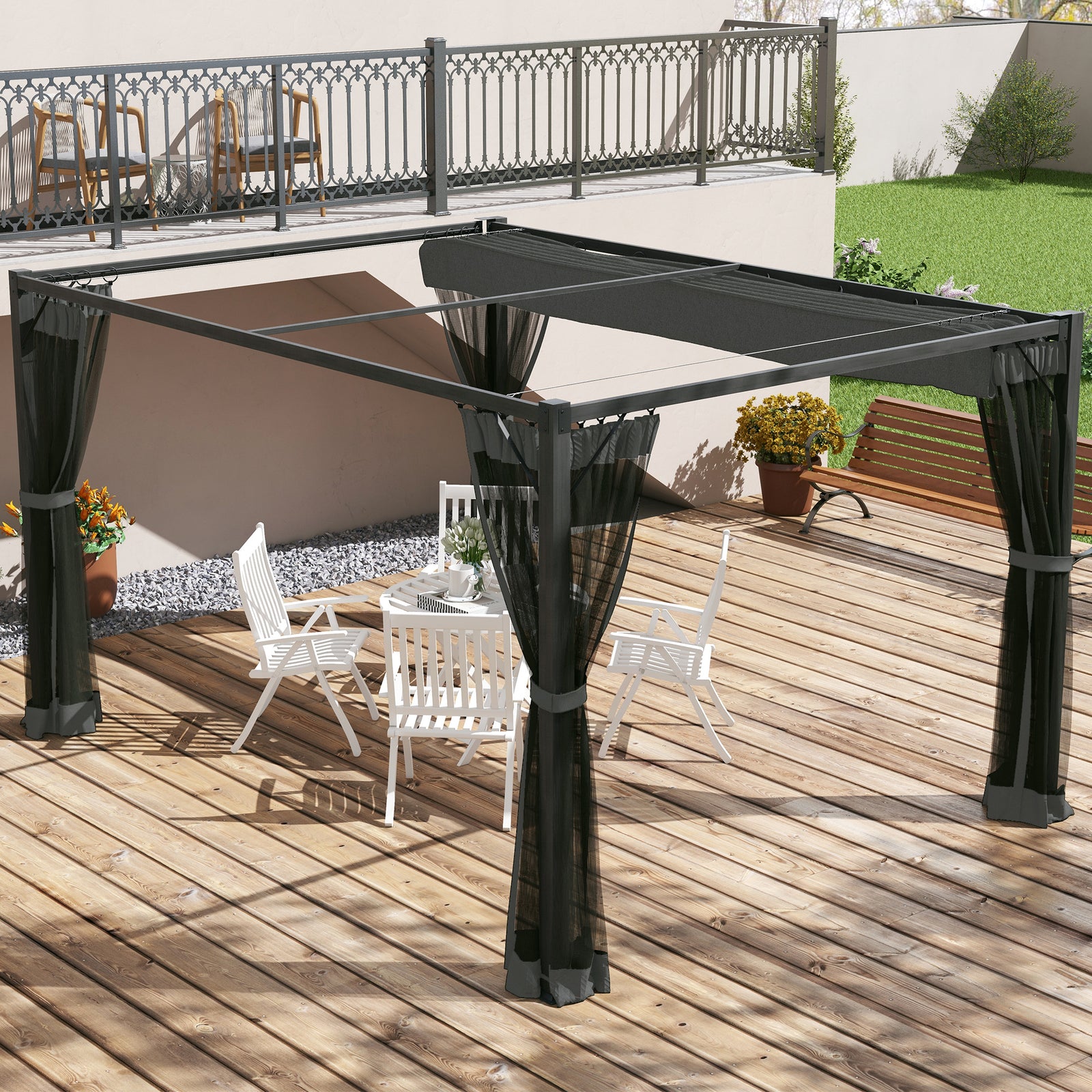 Retractable Pergola Canopy With Netting, Metal Frame | Large | Dark Gray