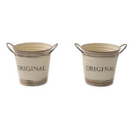 2-piece Retro Metal Plant Pot Set With Wooden Handle | Set of 2 | Cream & White