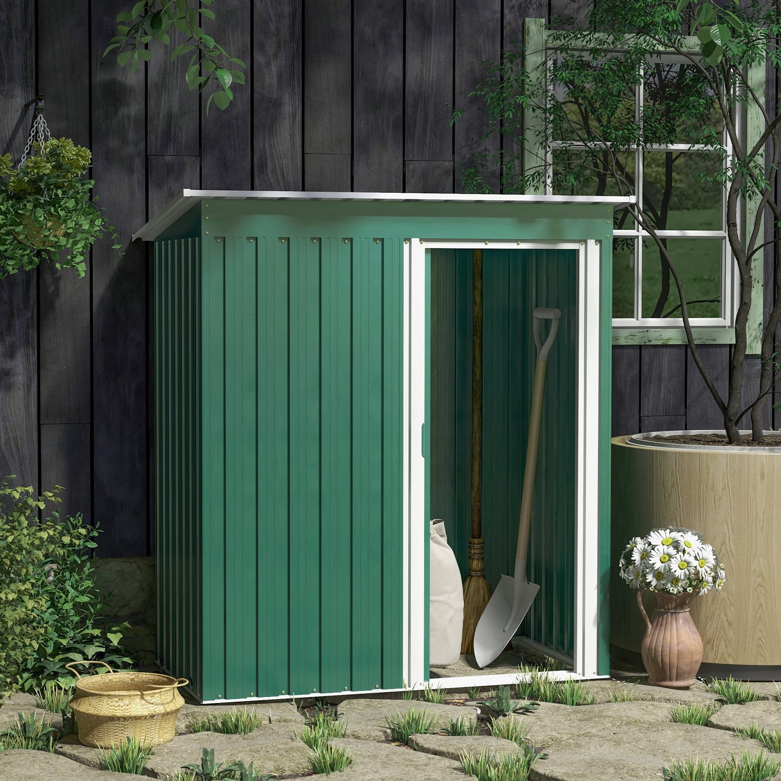 5 X 3ft Garden Storage Shed Sliding Door Sloped Roof Tool | Green