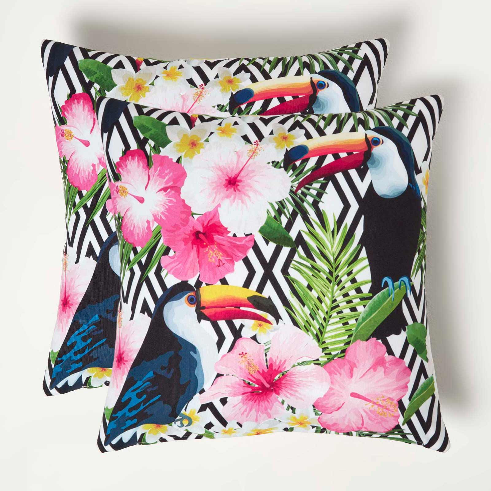 Luxury Outdoor Cushions 2 Set, Waterproof, Soft-touch, Tropical Toucan, For Garden And Indoor