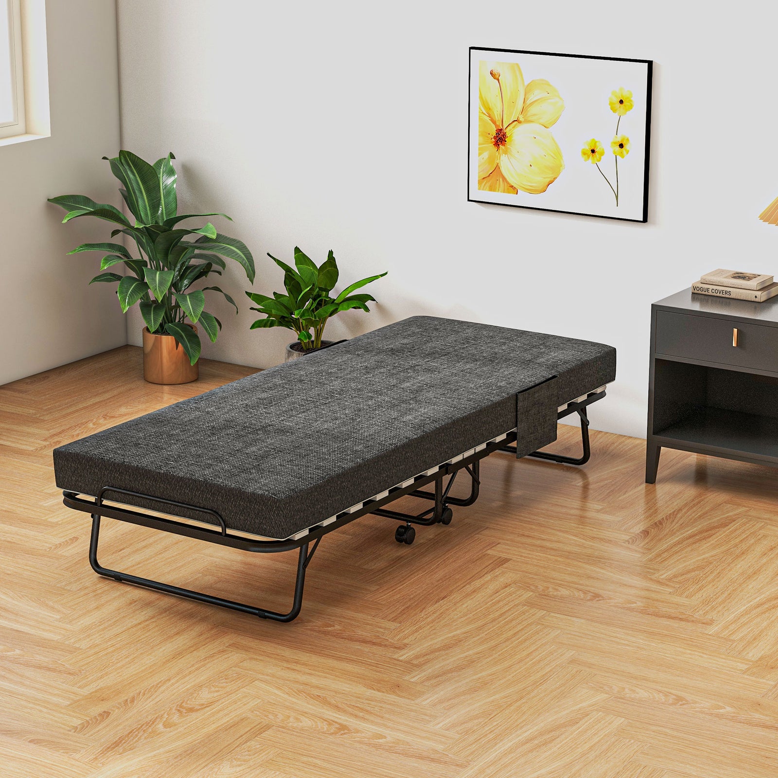 Folding Bed With Mattress, Dark Grey