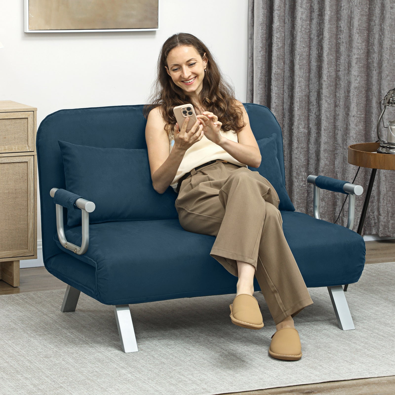Fabric Convertible 2 Seater Sofa Bed W/ 2 Pillows | Navy Blue