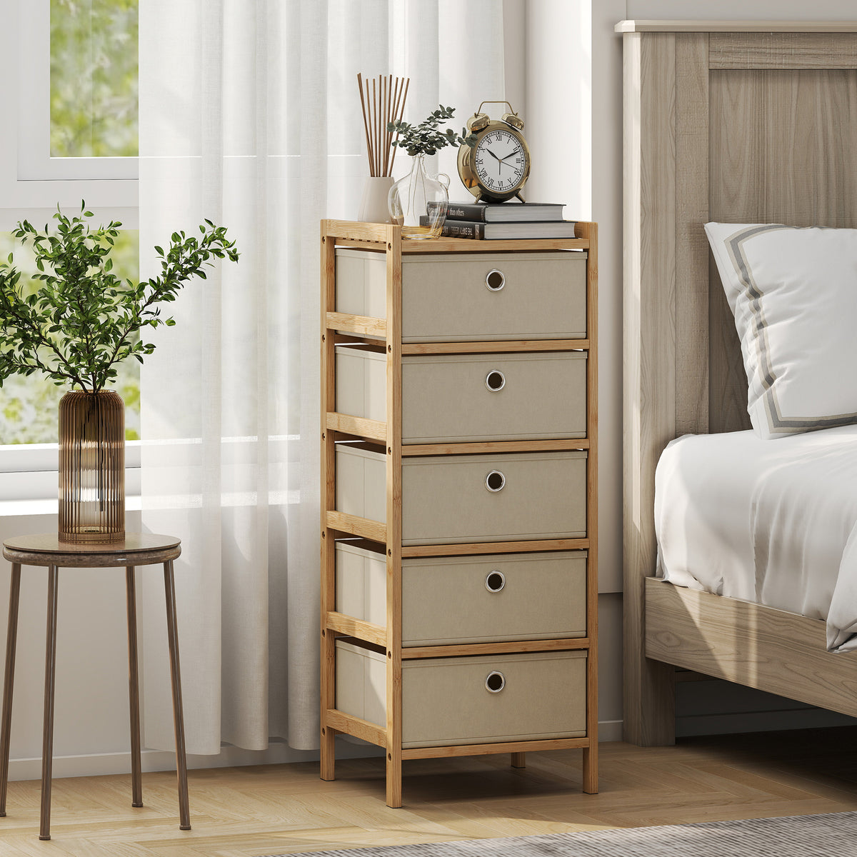 HOMCOM Chest Of Drawers, 5 Drawers Dresser With Bamboo Frame