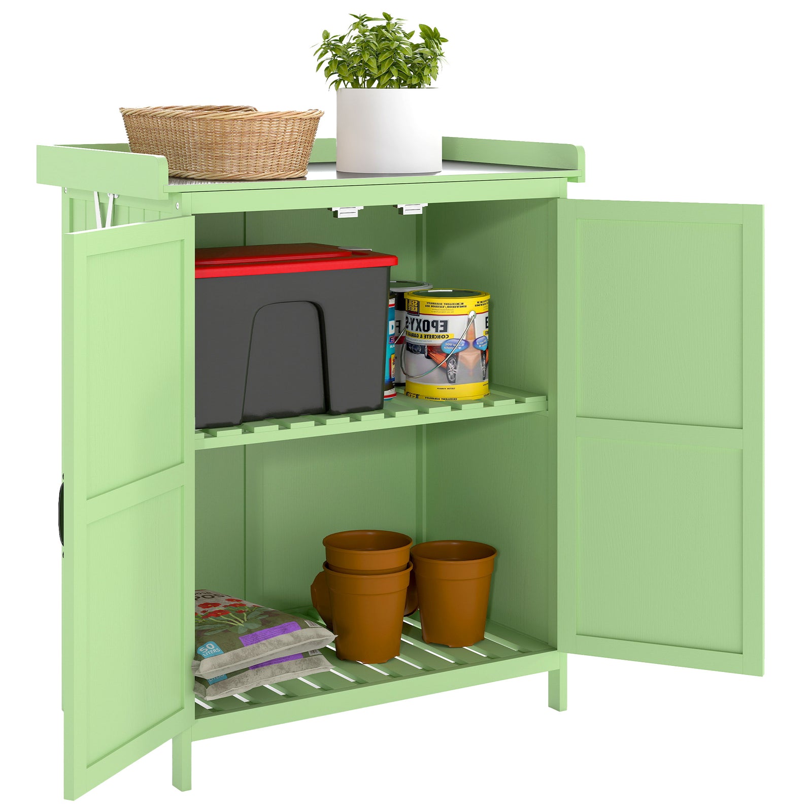 Wooden Garden Storage Shed Hinged Roof & Shelf Light Green