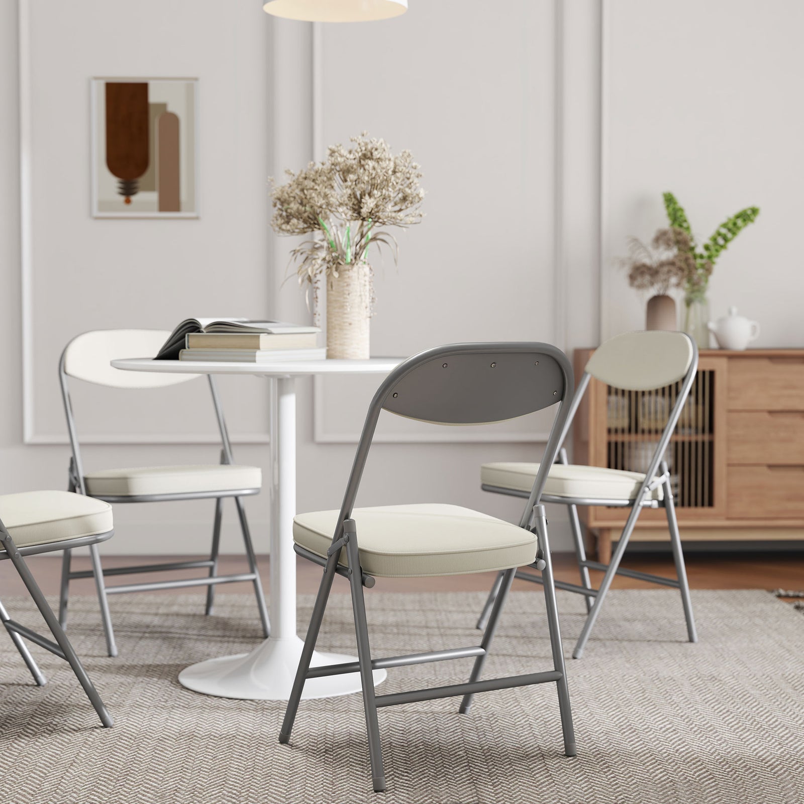Folding Chairs Set Of 4 With Cushioned Seat, Steel Frame, Cream | Cream