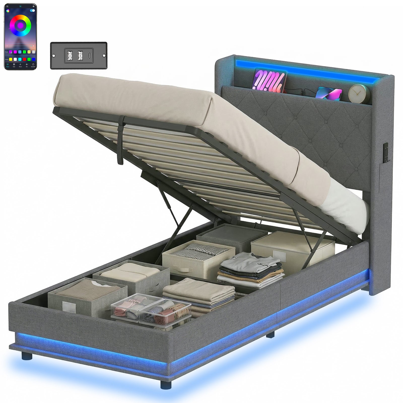 Lift Up Storage Bed Frame With Rgb Led Lights | 3ft | Dark Grey