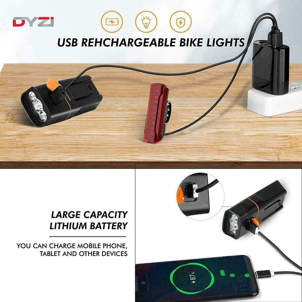 Dyzi Rechargeable Bike Lights Set Waterproof Bicycle Front And Back Lights With Powerbank
