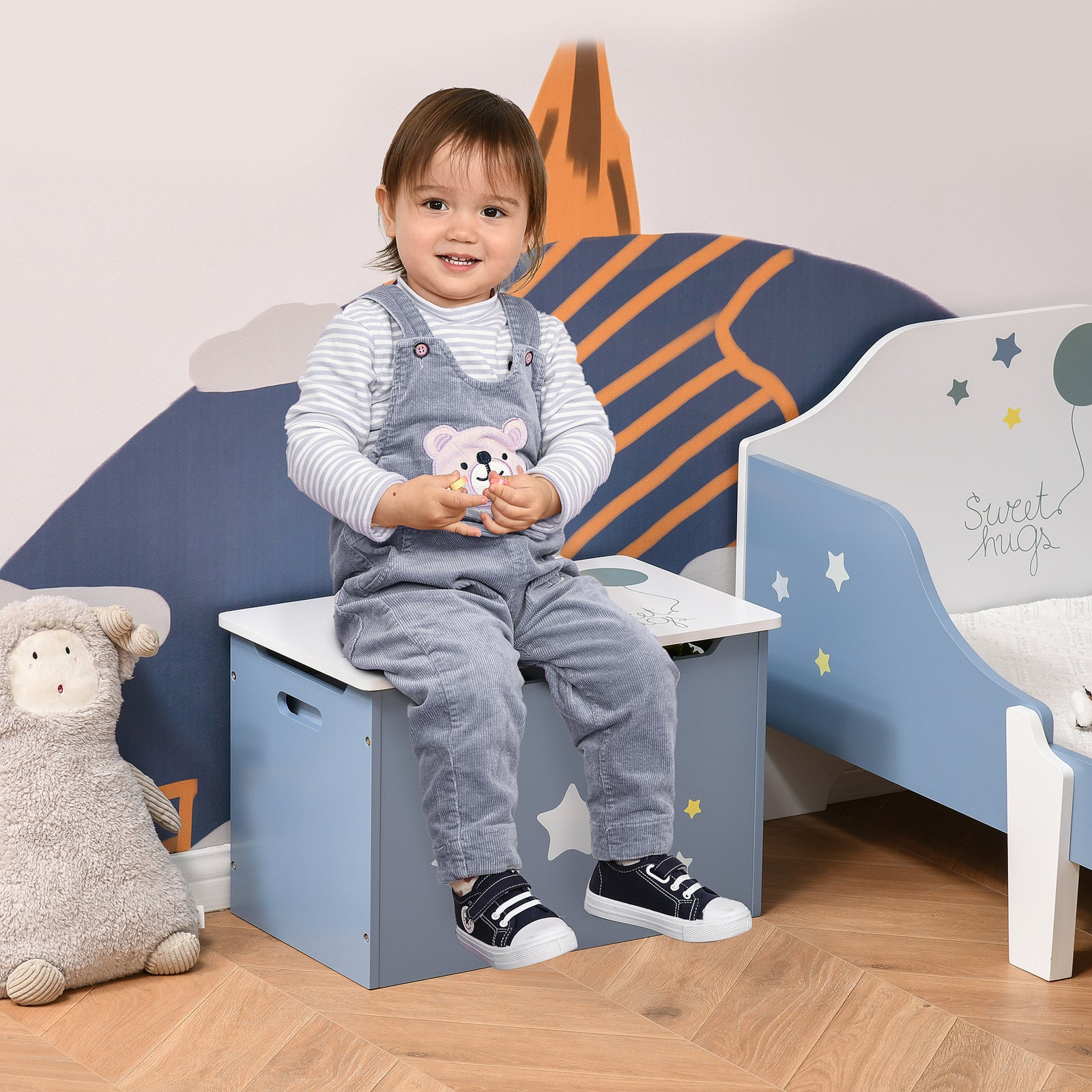 Kids Wooden Toy Box Children Storage Chest Organiser Side Handle Blue