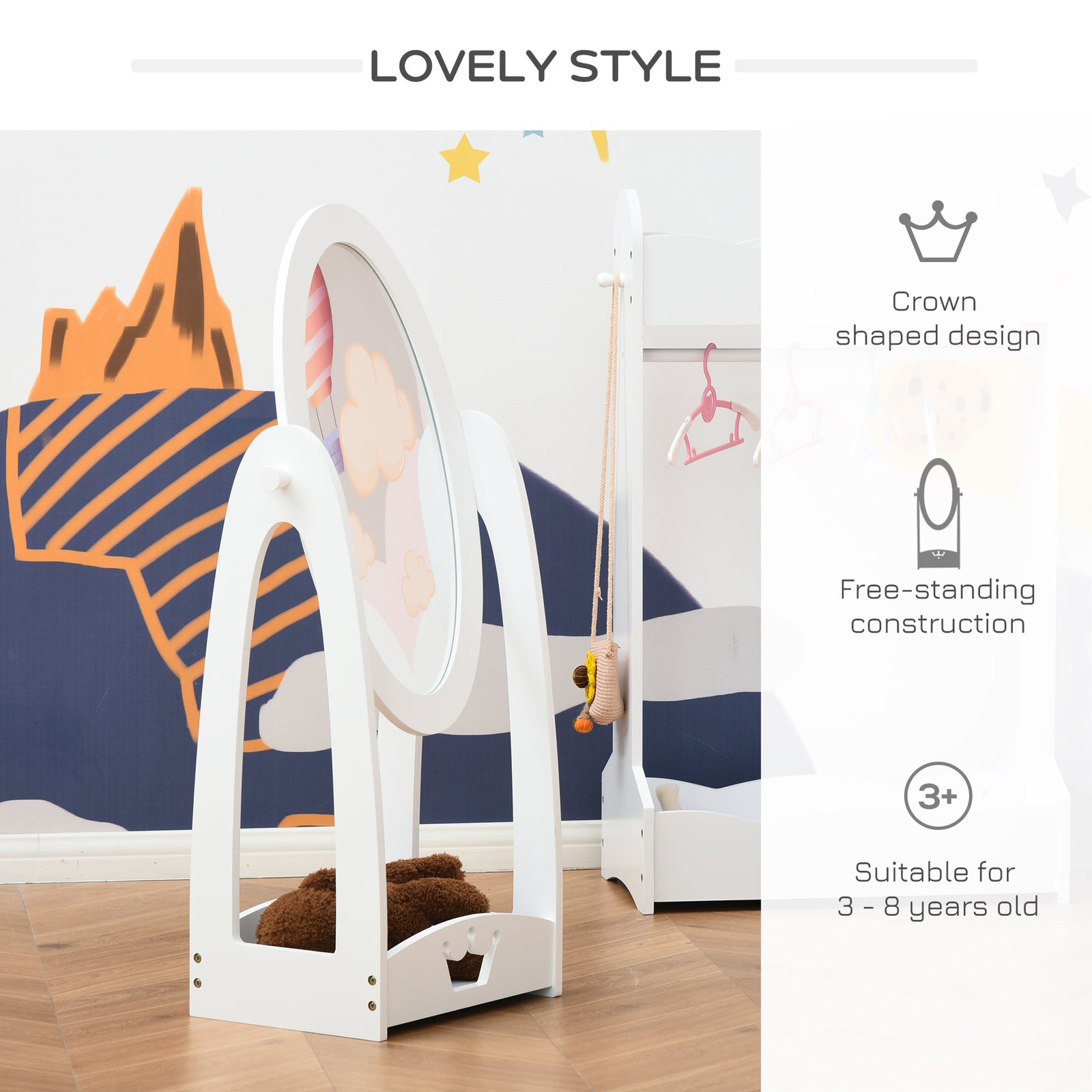 Free Standing Kids' Dressing Mirror With Storage For 3- 8 Years Old White