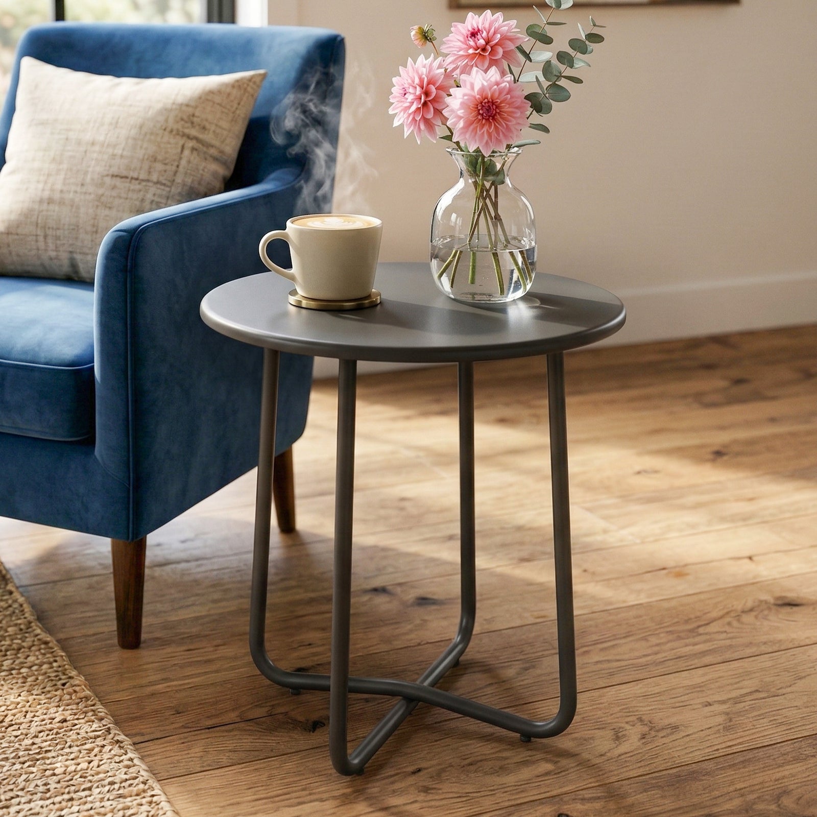 Metal Garden Side Table, 48 Cm Round Outdoor Table | Grey