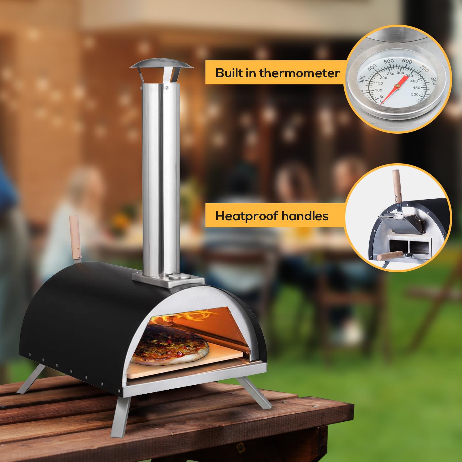 Gas & Wood Fuel Pizza Oven Built-in Thermometer & Pizza Paddle Black/silver