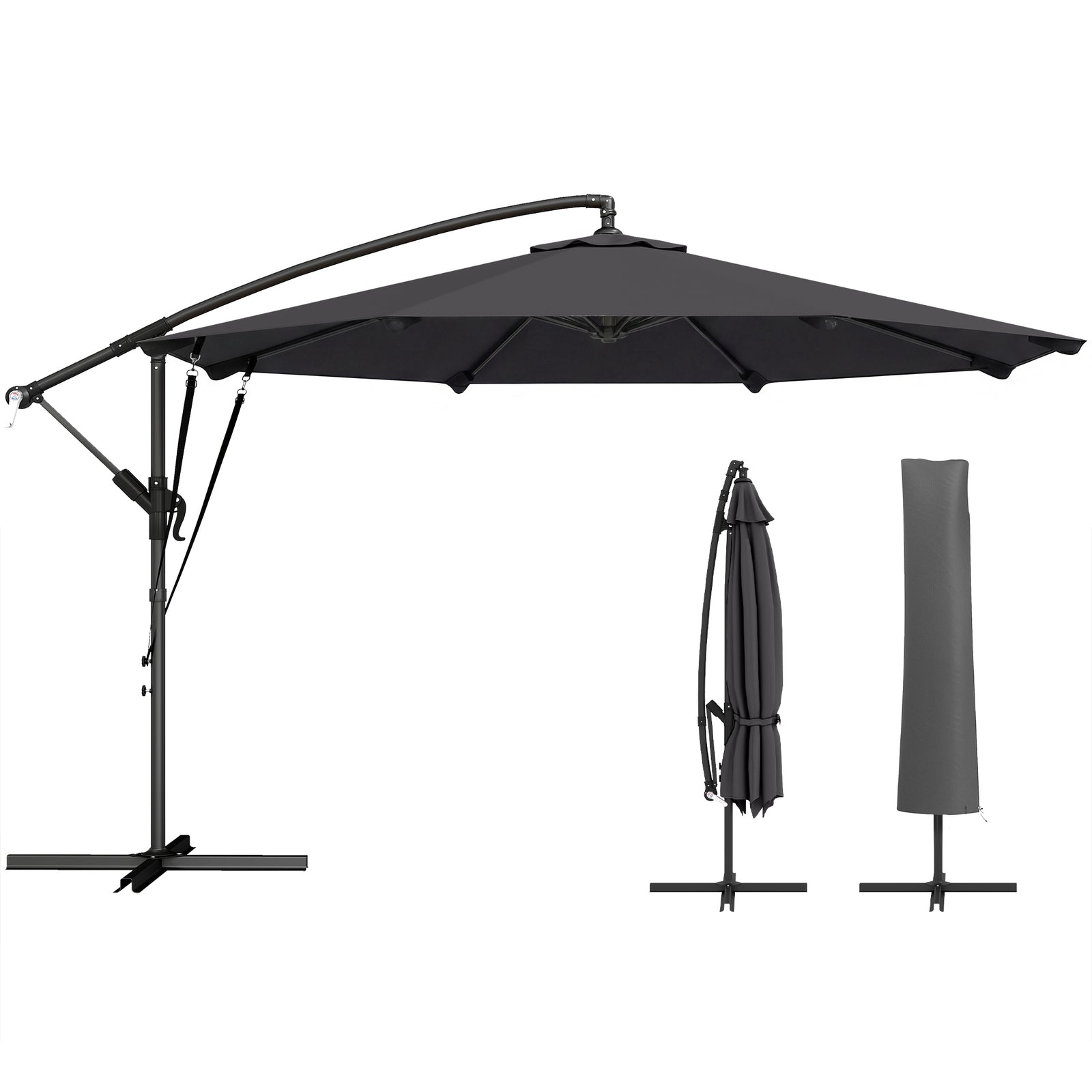 3 M Cantilever Parasol, Offset Umbrella With Cover And Wind Ropes | Black