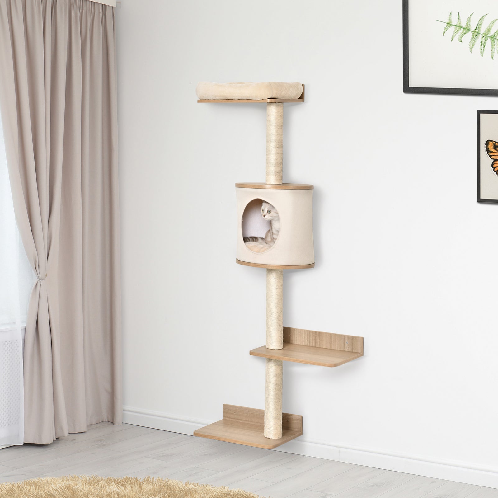 Wall-mounted Cat Tree Shelter W/ Cat House, Bed, Scratching Post - Beige