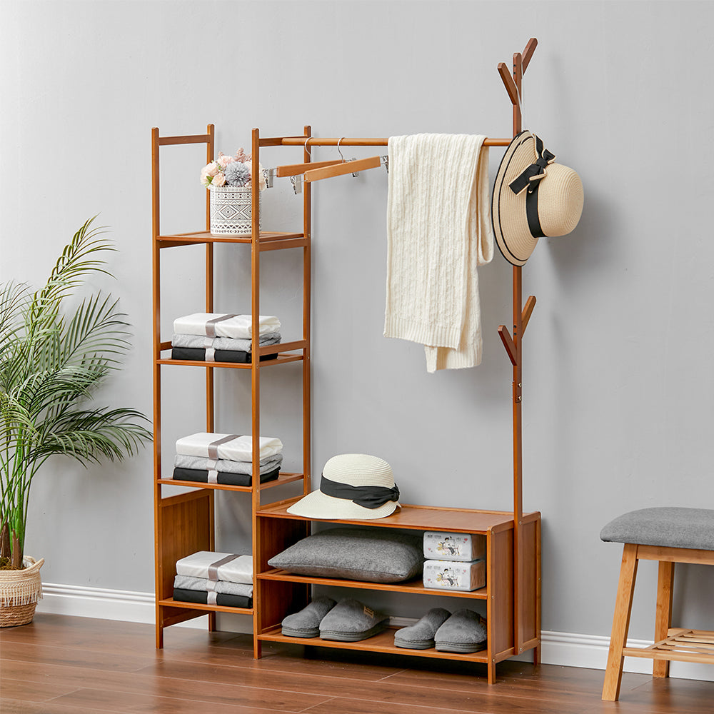 Bamboo Freestanding Clothes Rack Garment Organizer With Storage Shelves For Closet Or Bedroom | Small | Brown