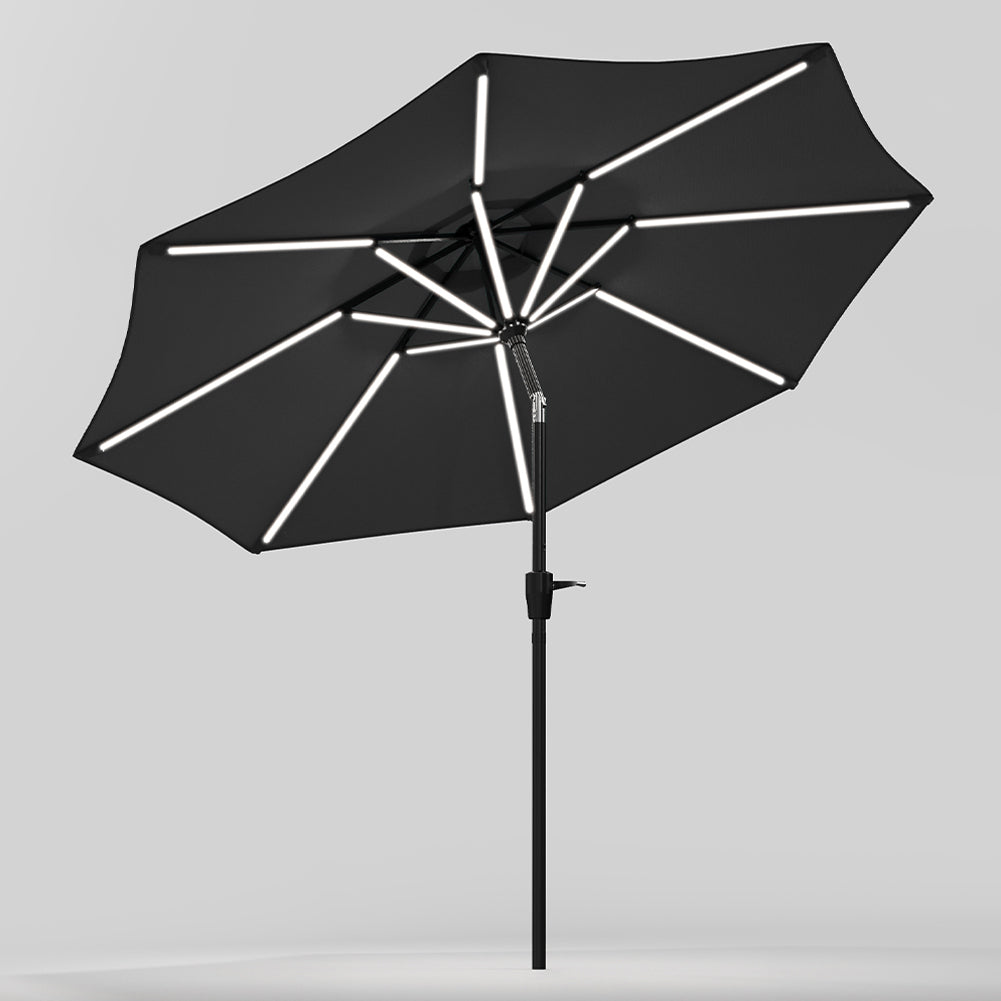 3m Solar Led Patio Umbrella, Outdoor Parasol With 16 Led Tubes, Crank Lift & Push Button Tilt Without Base | One Size | Dark Grey