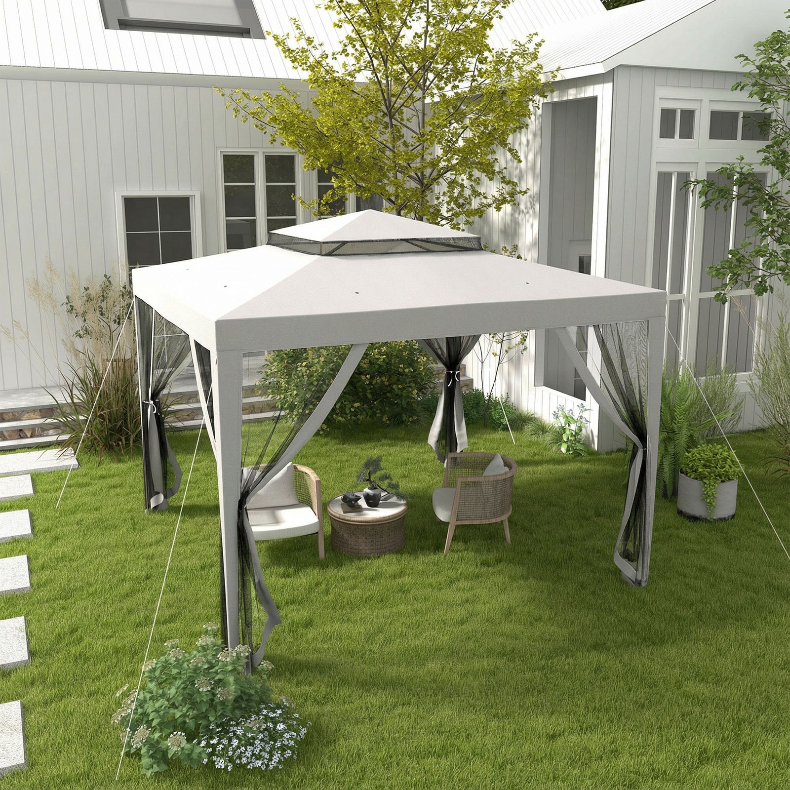 3 X 3 M Gazebo, Netting Party Tent W/ Double Tier Roof | Light Grey