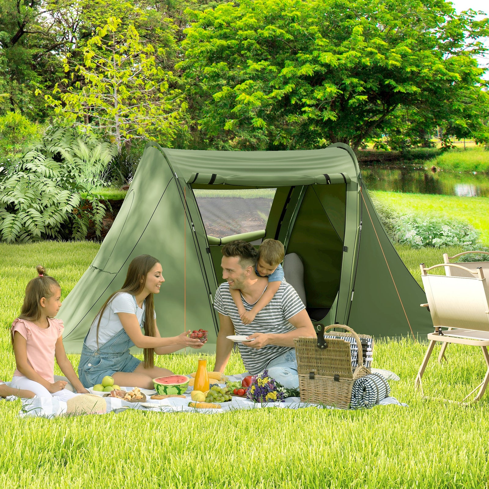 3 Man Tent, 3000mm Waterproof, Living Area, 2 Bedrooms | Green