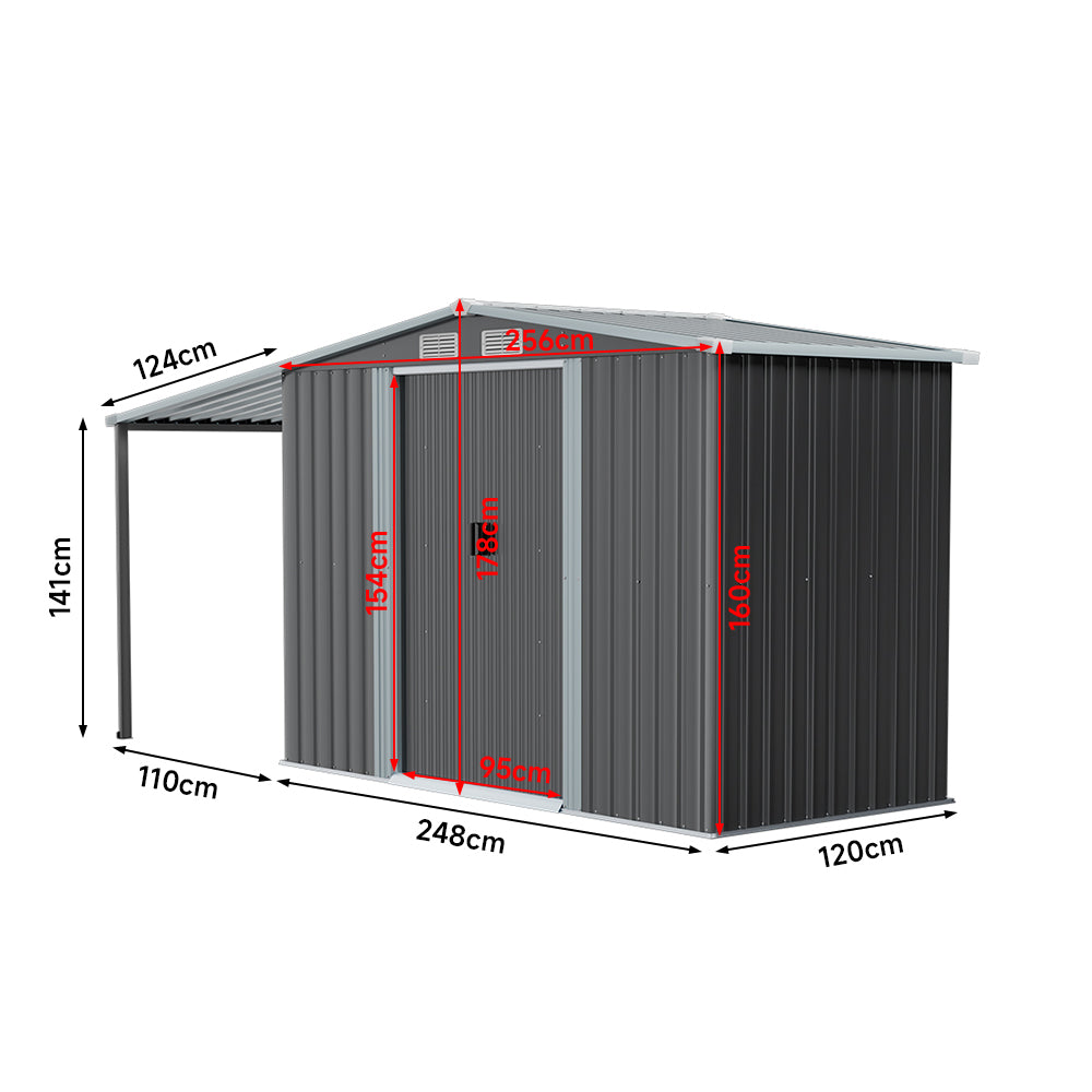 4 x 8 ft Outdoor Metal Storage Shed with Extended Roof, Sliding Doors, including Shelves &  Hooks, Garden Tool Shed