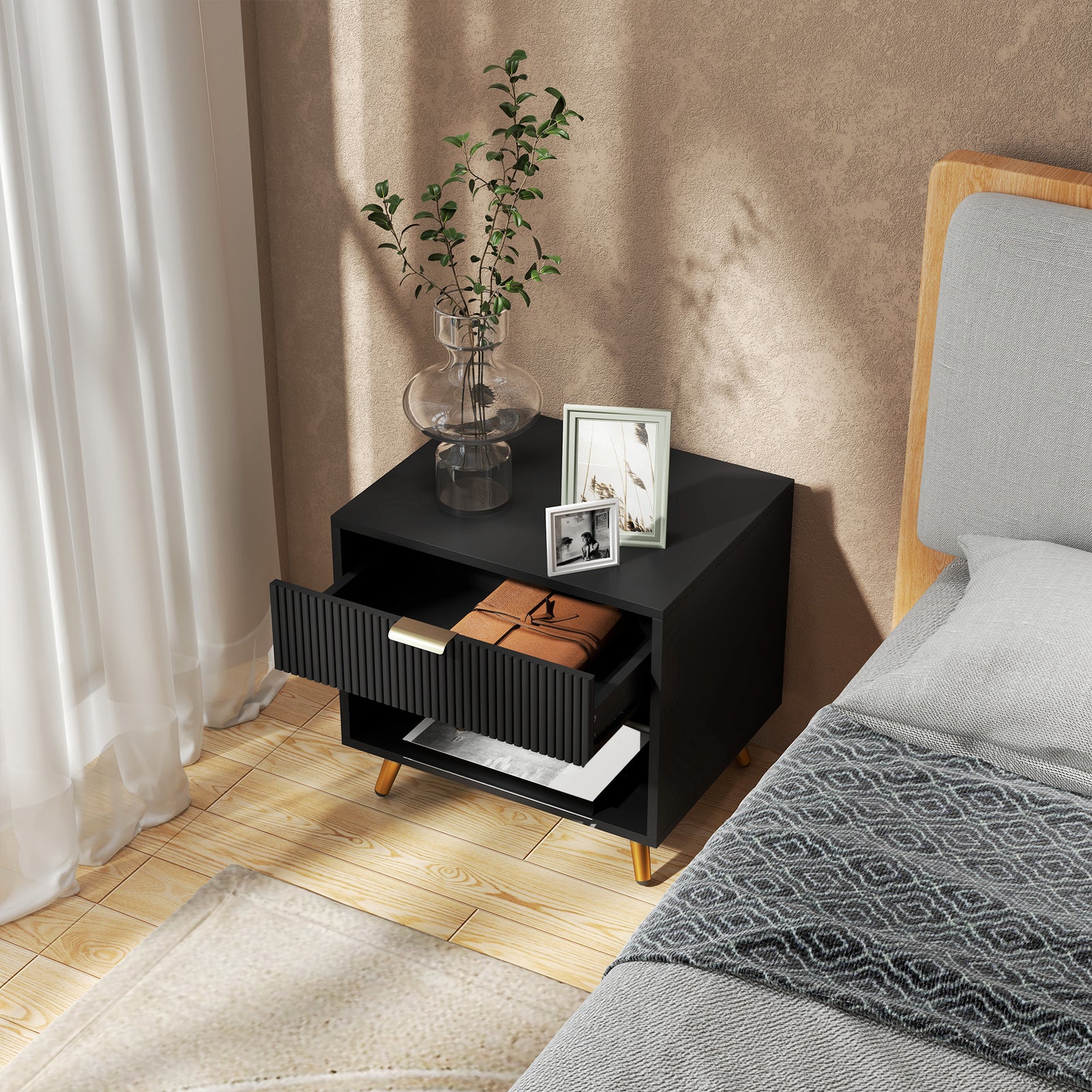Small Table With Drawer, Open Compartment And Handle | One Size | Black