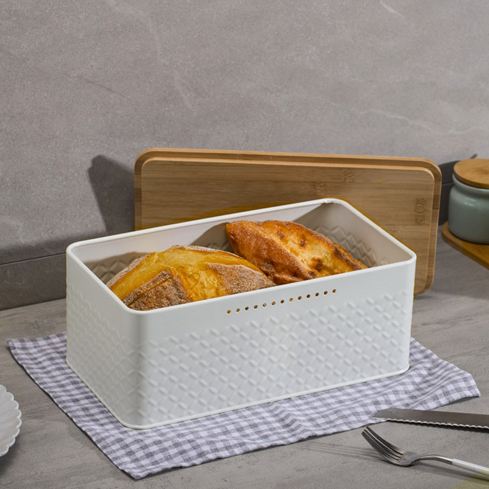 Countertop Metal Bread Box Container With Bamboo Lid | White