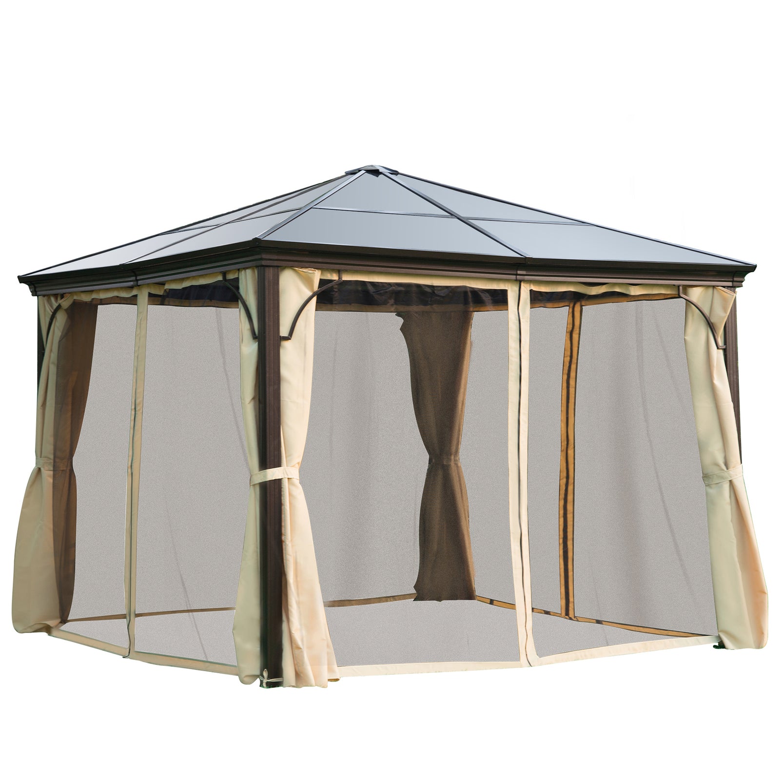 Hardtop Gazebo Canopy With Mosquito Netting And Curtains | Medium | Beige