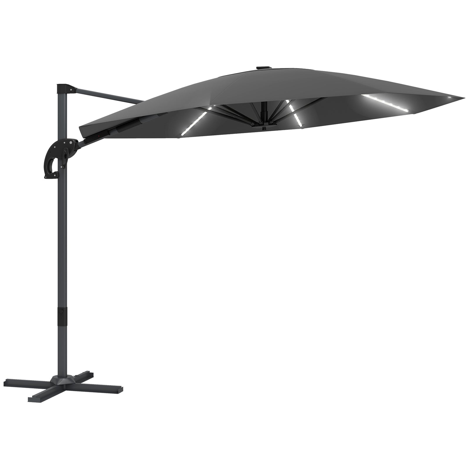 3(m) Garden Parasol W/ Lights, Crank Handle & Cross Base | Dark Gray