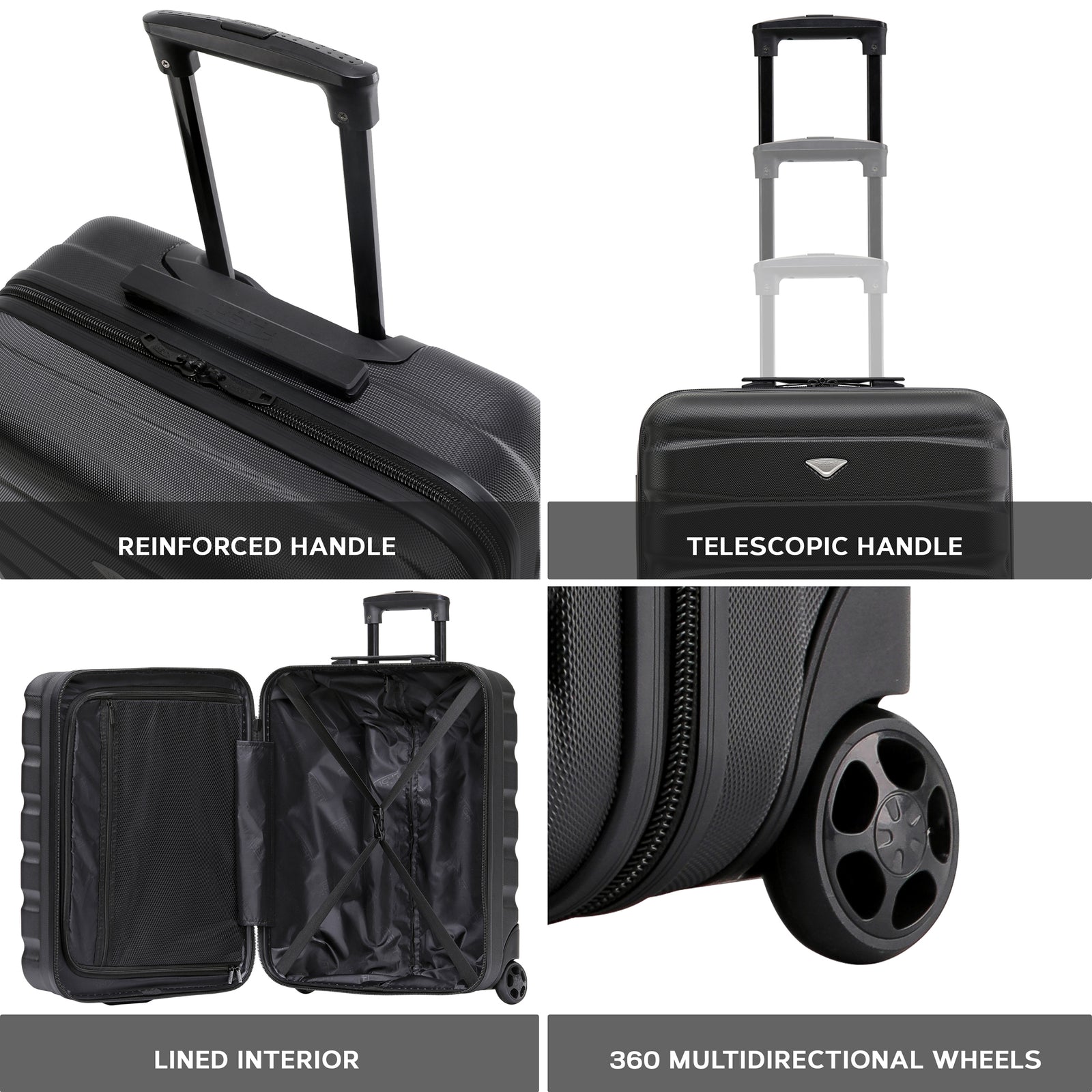 56x45x25cm Hard Cabin Suitcase - Lightweight 2-Wheel ABS Carry On Hand Luggage | Cabin | Black