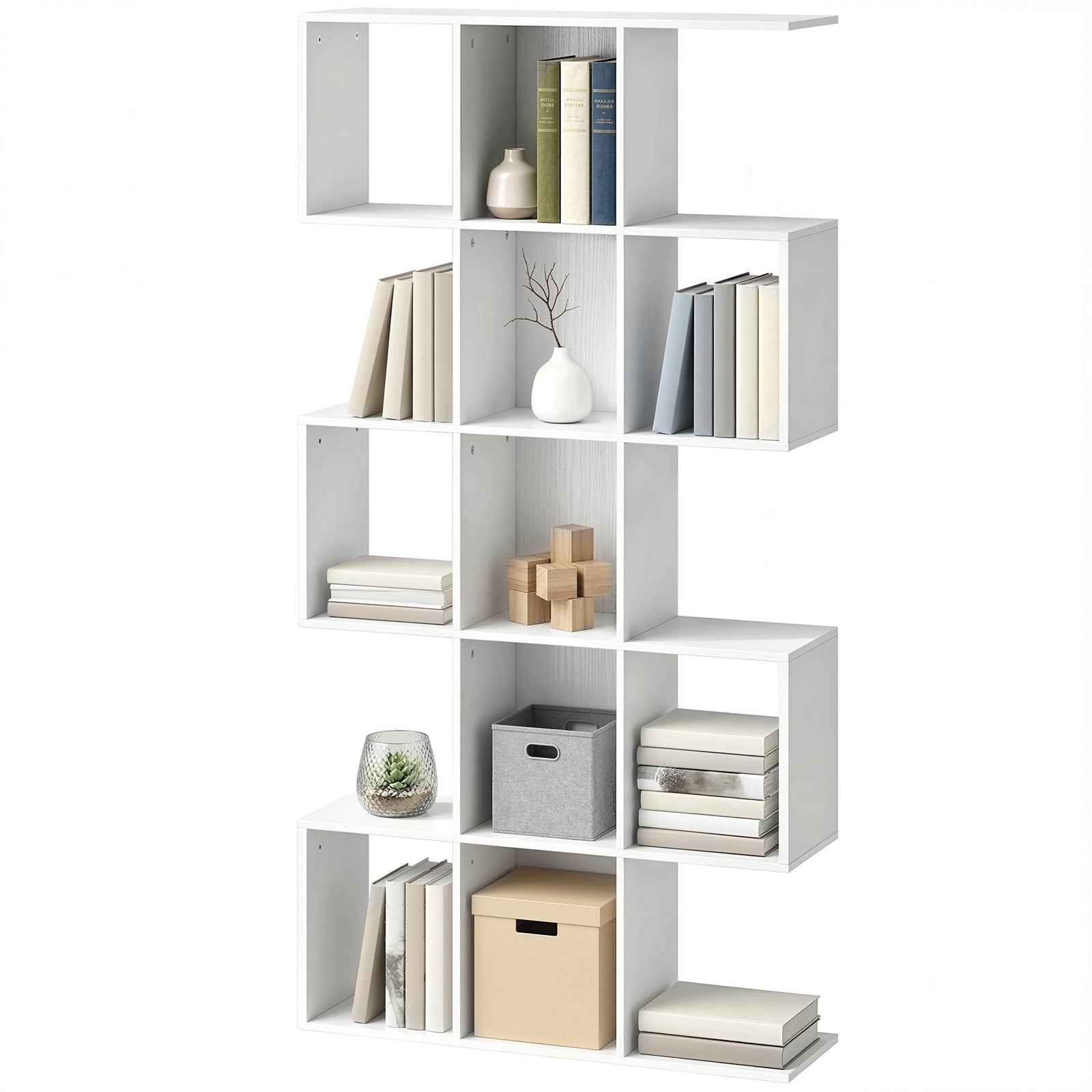 Geometric Bookshelf, 5-tier S Shaped Bookcase | White