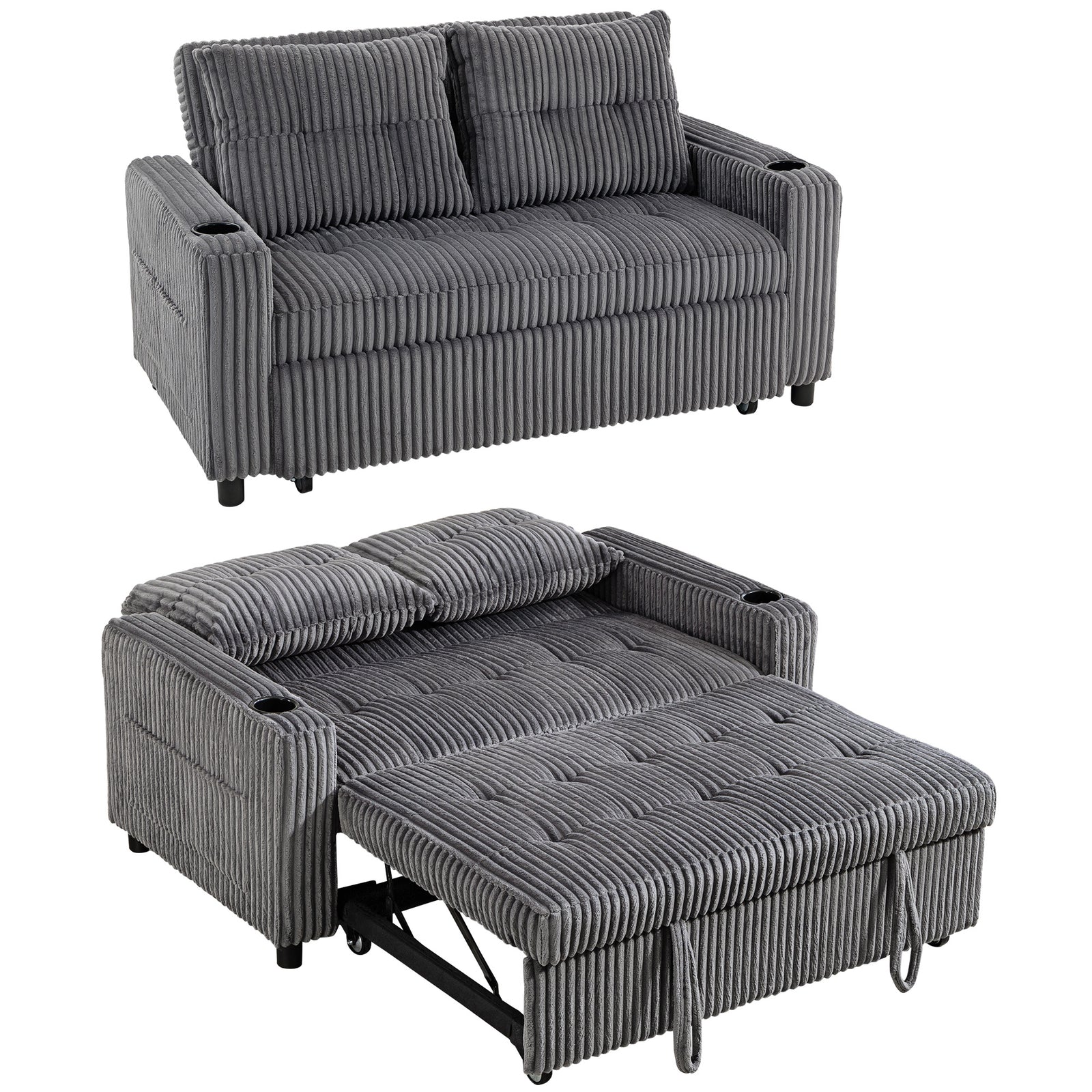 2 Seater Sofa Bed, Click Clack Pull Out Bed Settee | Charcoal Grey