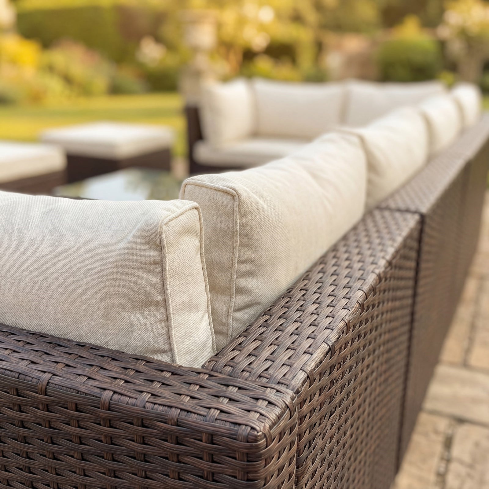 Oliena 10 Seat Modular Rattan Large U-shape Garden Furniture | 9 Piece | Cream & Brown