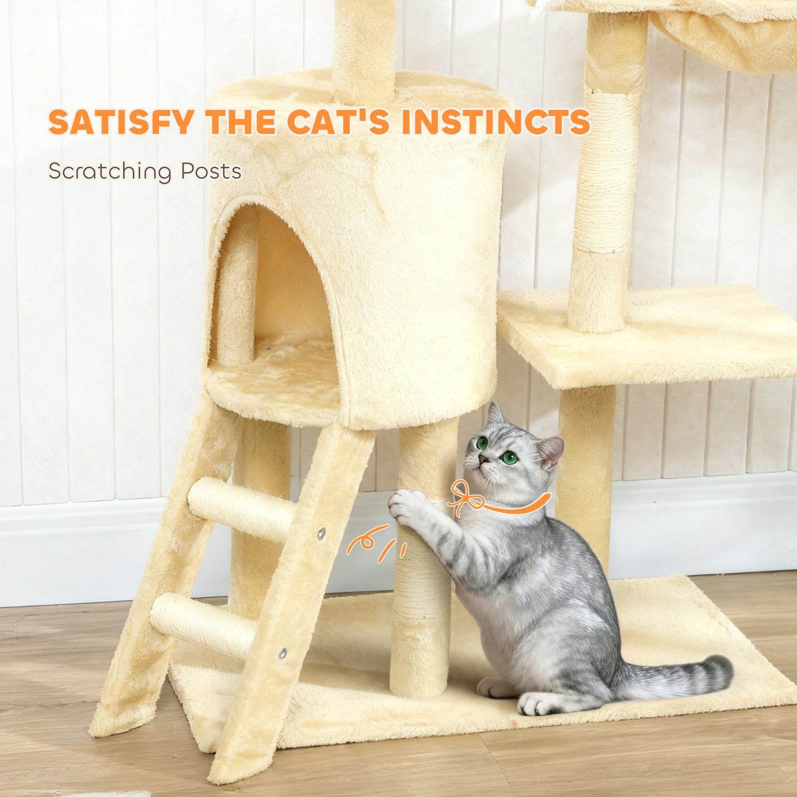 Cat Tree For Indoor Cats, 134cm Scratching Post Climbing Tower | Beige