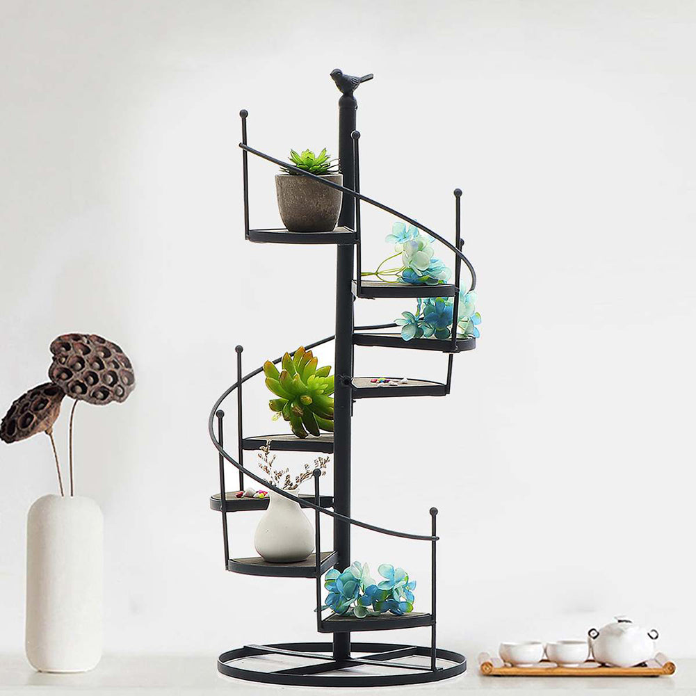 Spiral Staircase Metal Plant Stand Vintage Black Iron Plant Display Rack With Wooden Shelves