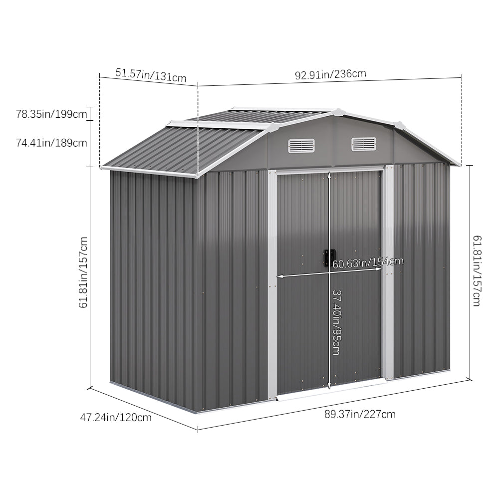 7.72 ft x 4.3 ft Outdoor Metal Storage Shed with Double Lockable Doors and Vents - Waterproof Garden Tool Organizer with Foundation and Shelving