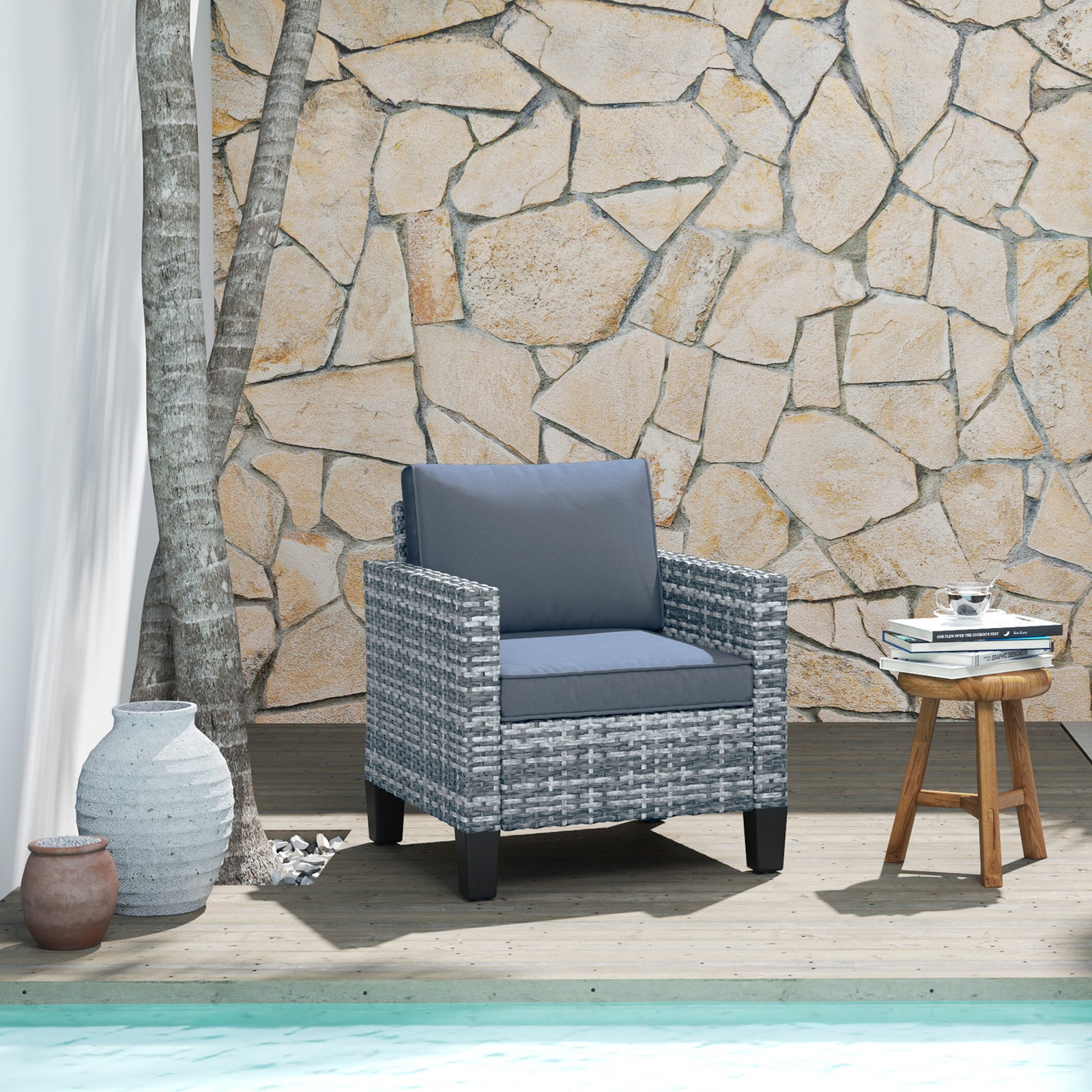 Single Rattan Chair, Garden Armchair W/ Cushions | Light Grey