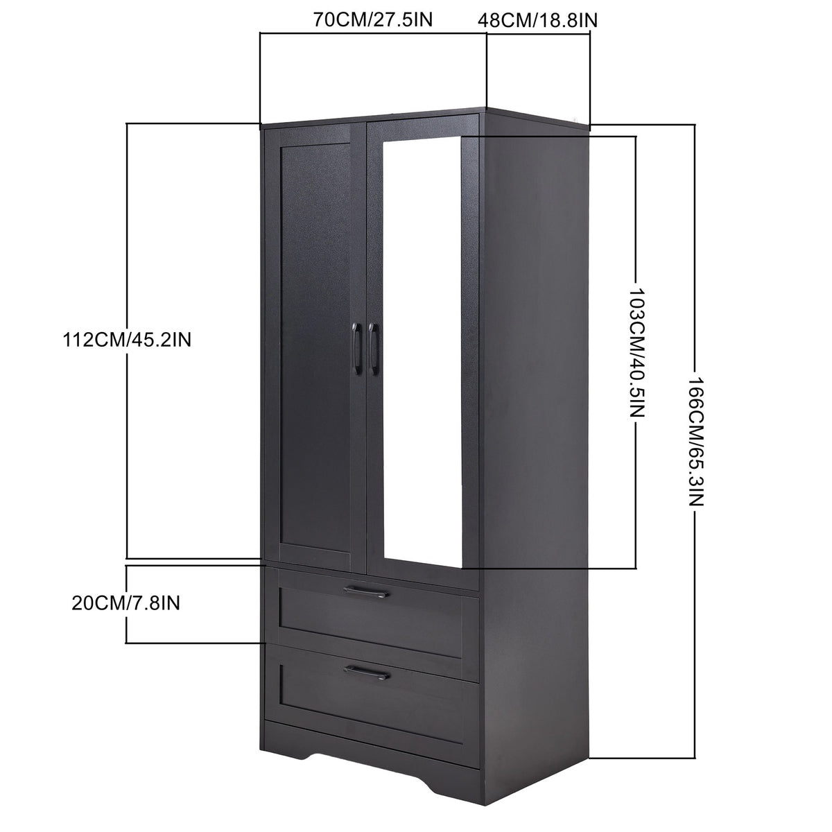 2-door Wardrobe With Drawers & Mirror | One Size | Black