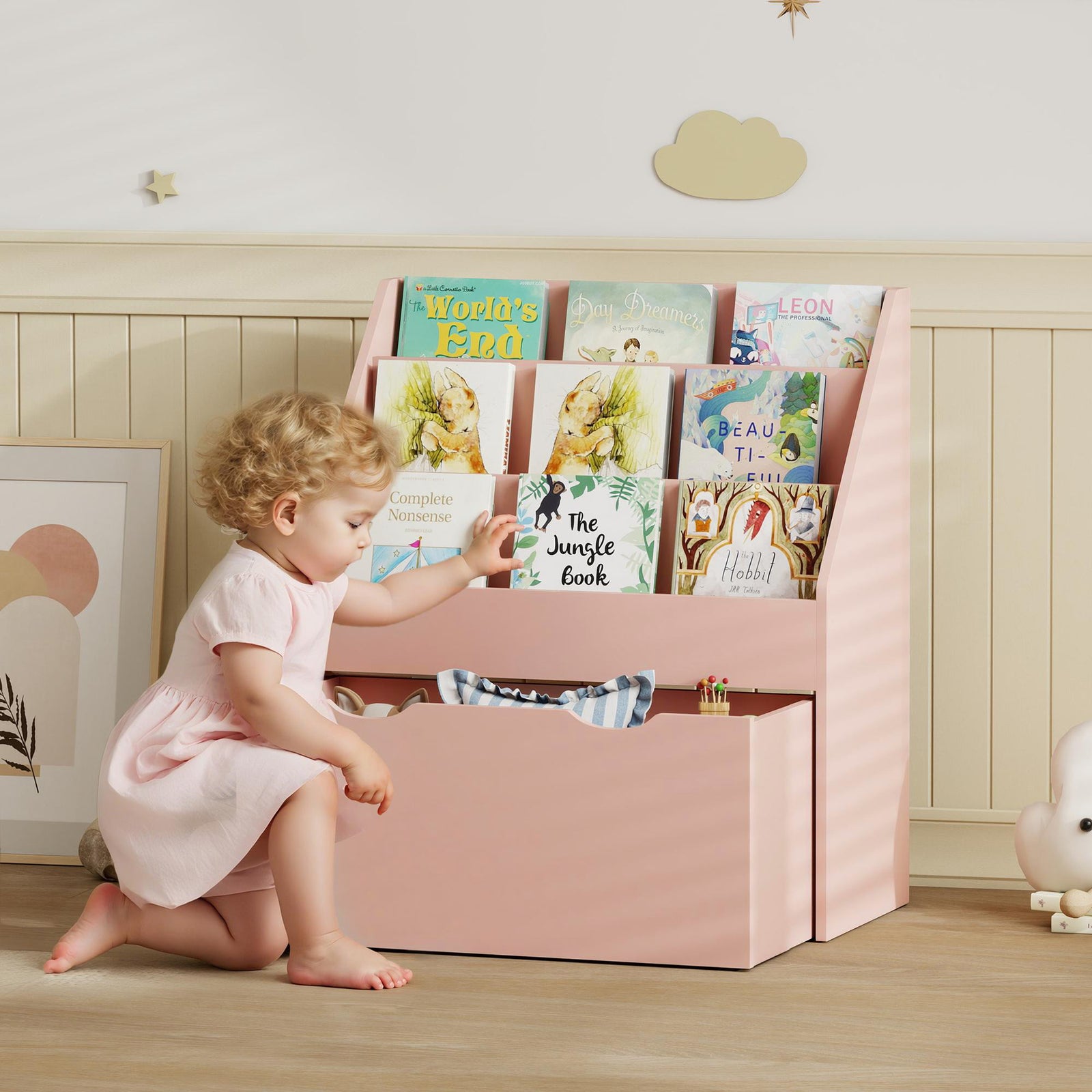 Kids Bookcase W/ 3 Tier Shelves, Drawer, For Bedroom, Nursery | Pink