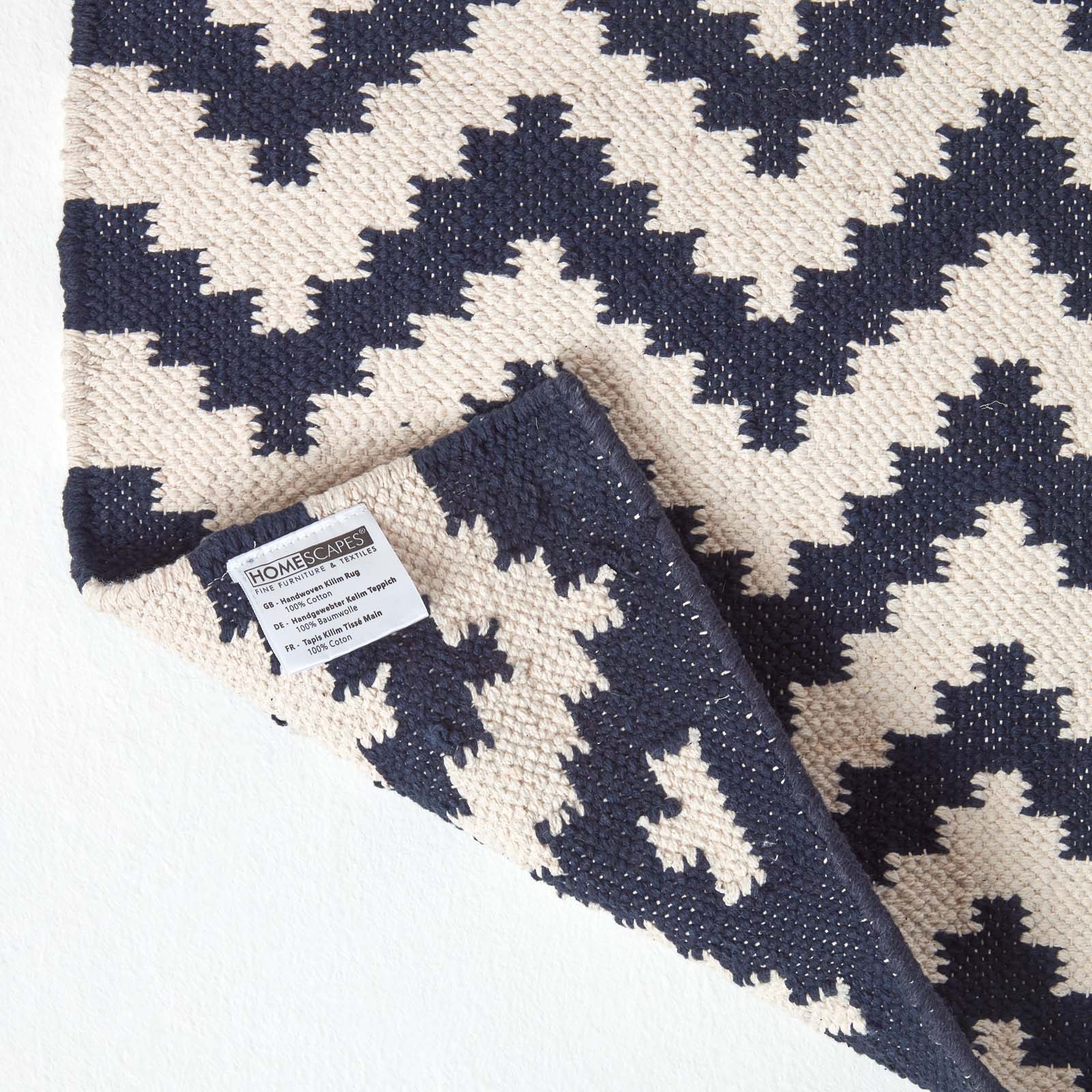 Casablanca Handwoven Zig Zag Pattern Dark Blue And White Cotton Rug | 120cm x 180cm | Dark Blue