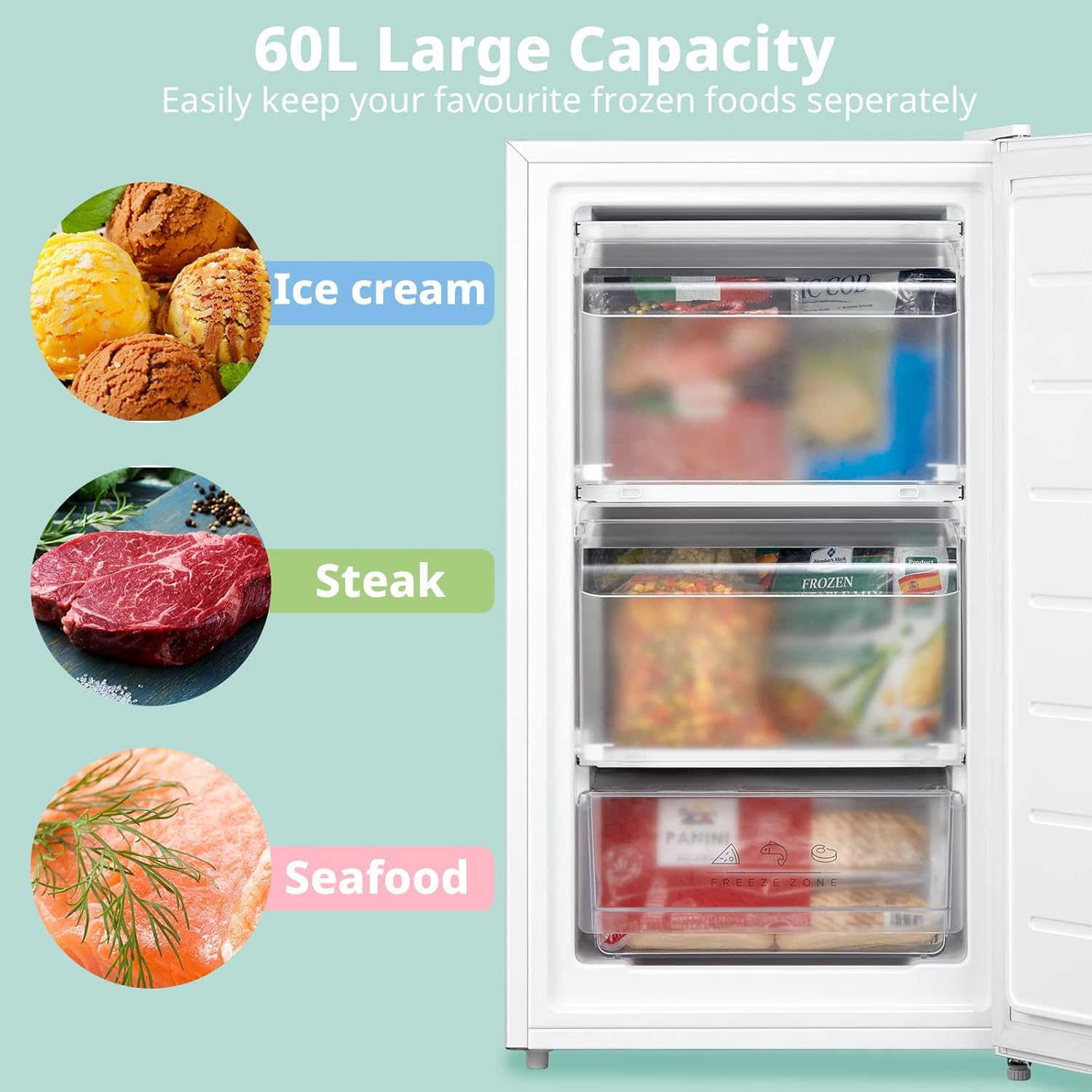 60l Freestanding Under Counter Upright Freezer Adjustable Thermostat