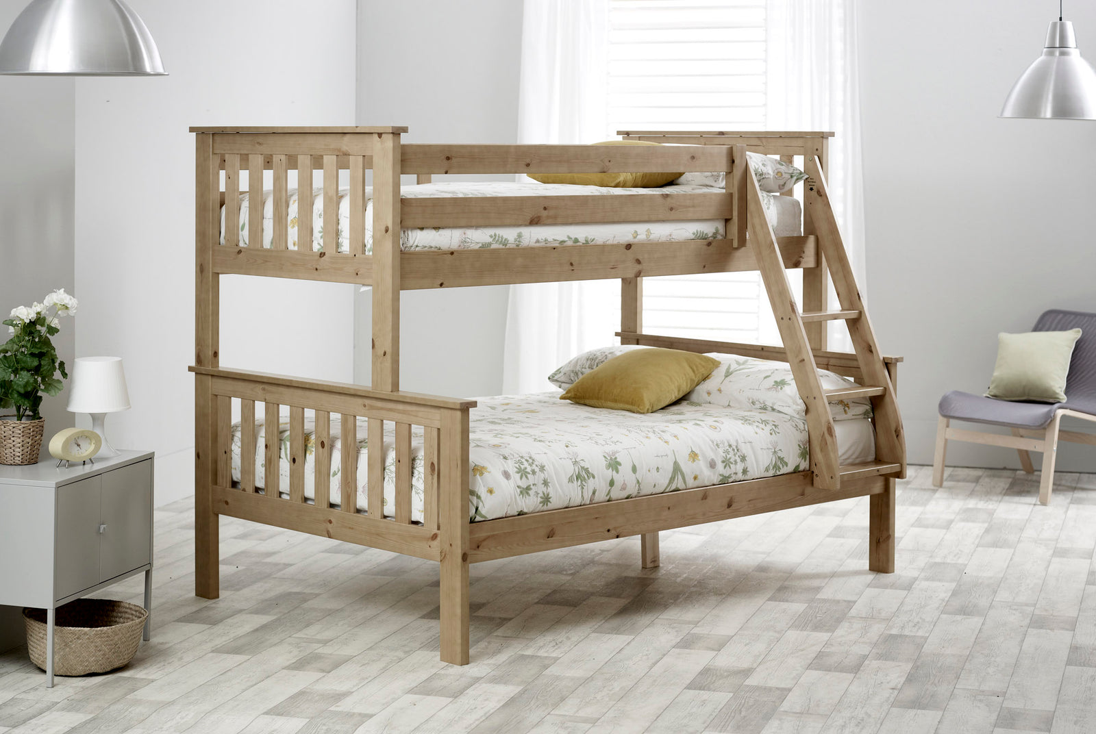 Carra Triple Sleeper Bunk Bed With Spring Mattresses | Small Double | Light Brown