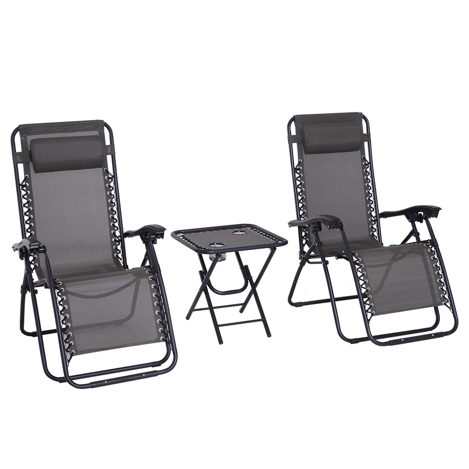 3pc Zero Gravity Chairs Sun Lounger Table Set W/ Cup Holders | Dark Gray