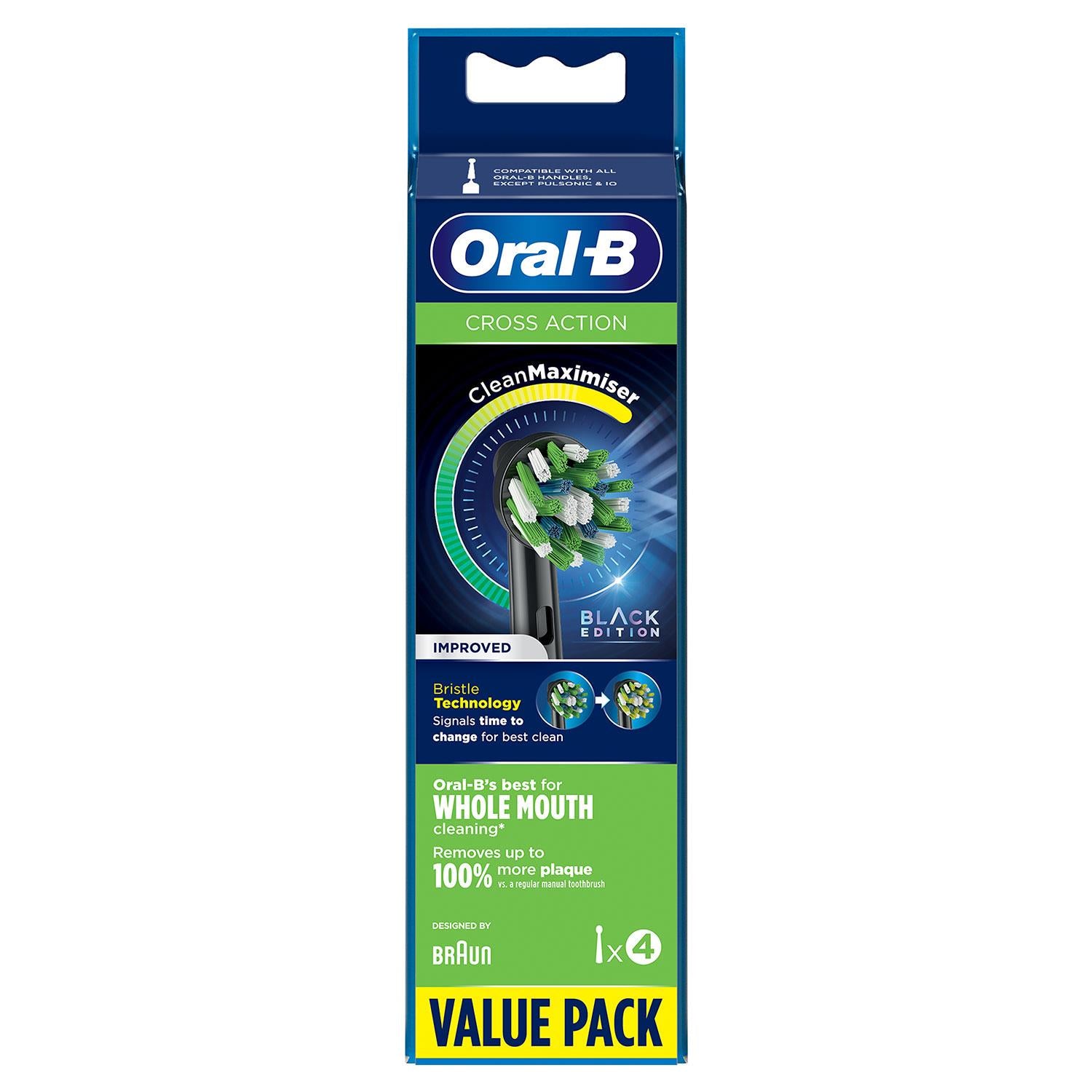 Cross Action Black Clean Maximiser Replacement Toothbrush Head, Pack Of 4