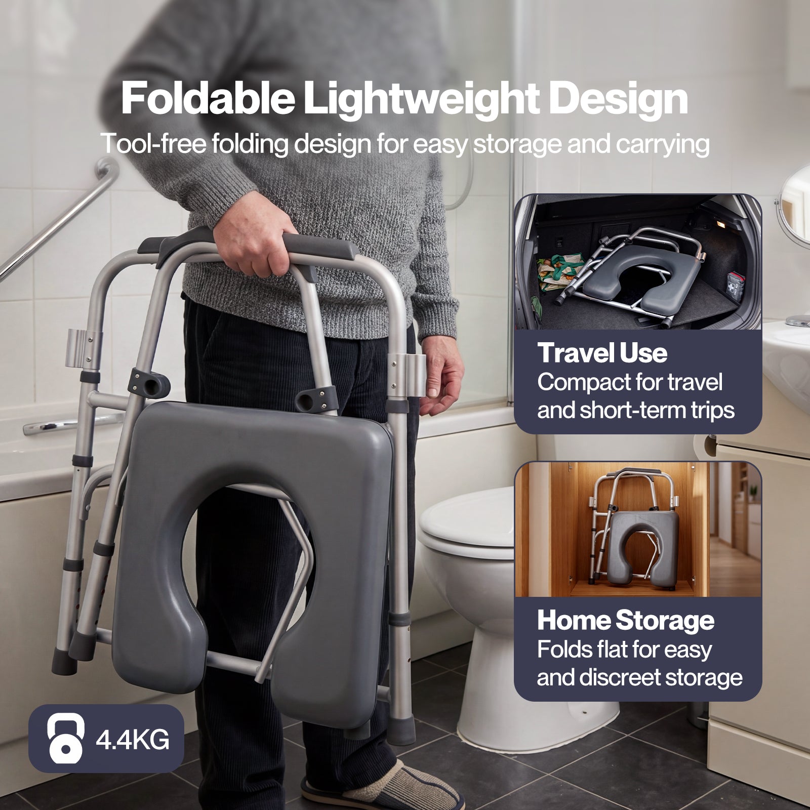 3 In 1 Commode Chair Folding Shower Chair Toilet Seat Riser Adjustable | Grey