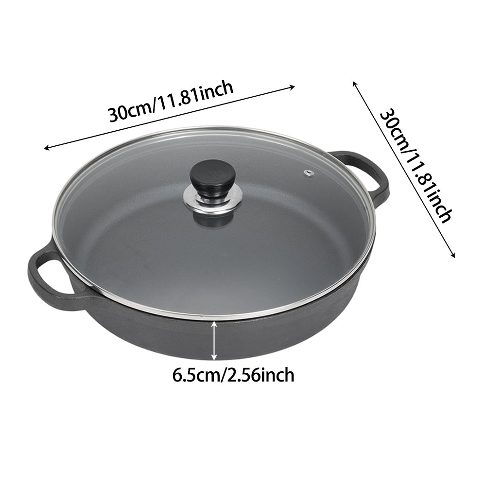 30cm/33cm/35cm Dia Pre-seasoned Round Cast Iron Braiser Pan With Lid & Double Handles | Small