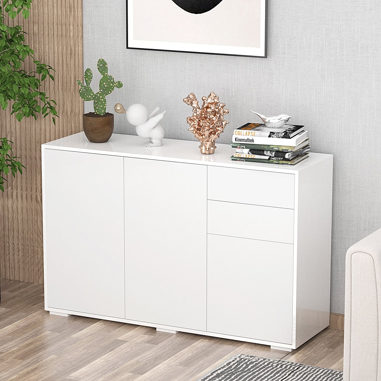Side Cabinet With 2 Door Cabinet And 2 Drawer Home Office | One Size | White