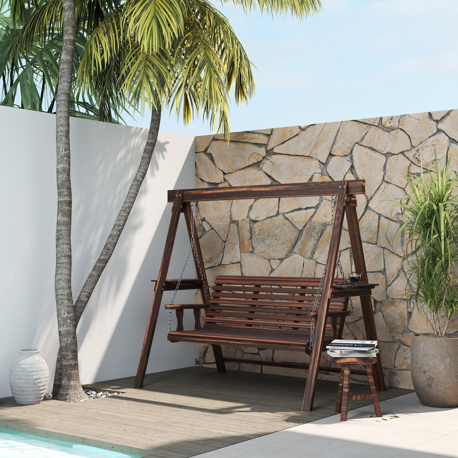 3 Seater Wooden Garden Swing Chair With Side Tables