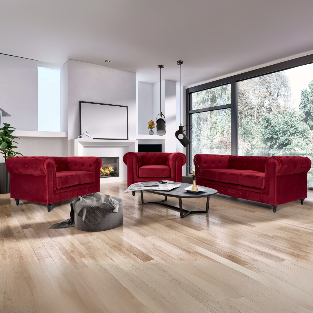 Button Tufted Velvet Living Room Sofa - 2 Seater | Red