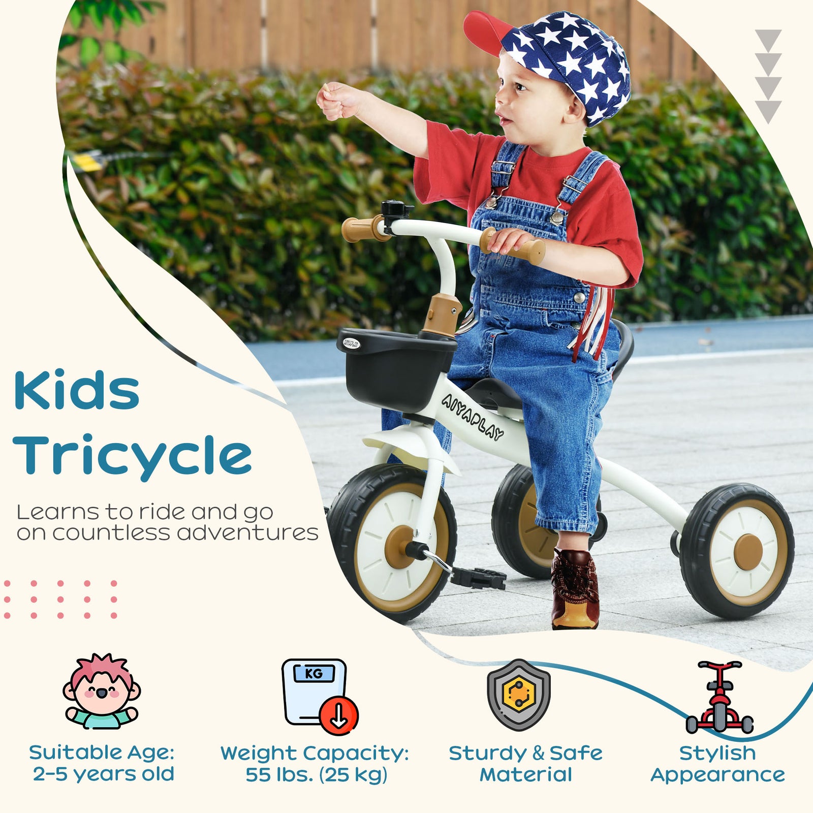 Trike W/ Adjustable Seat Basket, Kids Tricycle For 2-5 Years Old | White