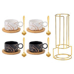 Set Of 4 Ceramic Coffee Cups With Saucers, Spoons & Metal Stand | White & Black